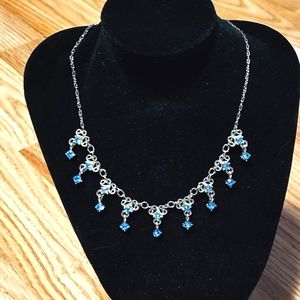 VINTAGE LIGHT BLUE CRYSTAL STONE SILVER-TONE BIB CHOKER 17" NECKLACE